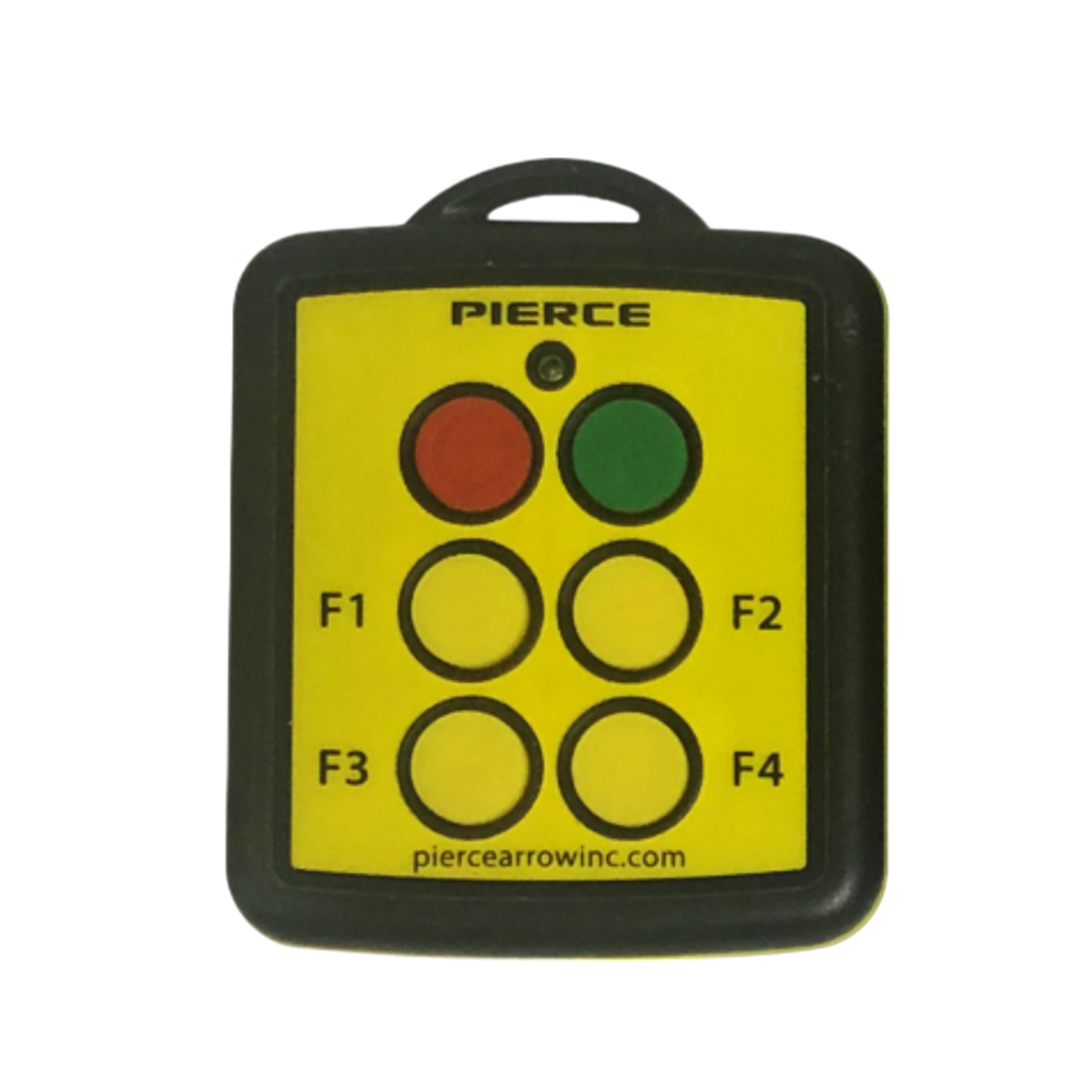 Yellow 4 Function Wireless Remote Transmitter by PIERCE features six buttons: F1 to F4, plus two larger red and green buttons.