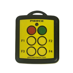 Yellow 4 Function Wireless Remote Transmitter by PIERCE features six buttons: F1 to F4, plus two larger red and green buttons.