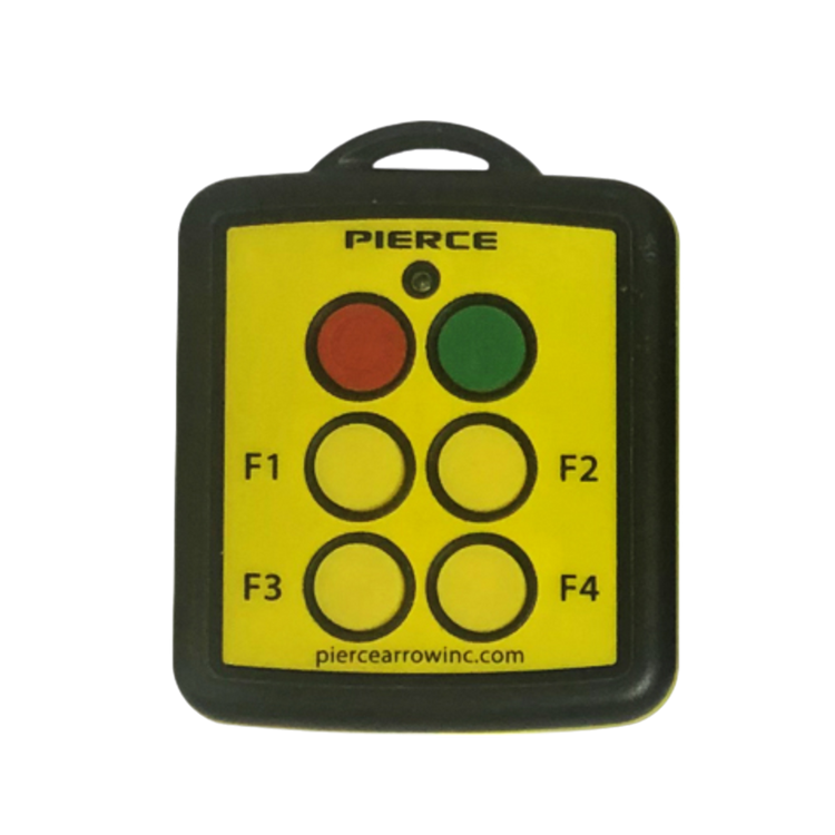 Yellow 4 Function Wireless Remote Transmitter by PIERCE features six buttons: F1 to F4, plus two larger red and green buttons.