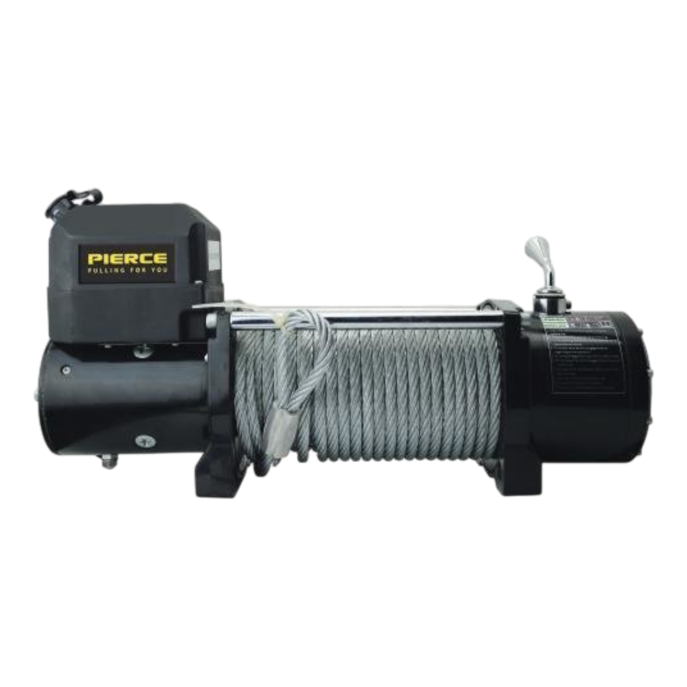 The 12,000 lb Recovery Winch from PIERCE features a metal cable coil, zinc alloy gear box, and a manual handle.