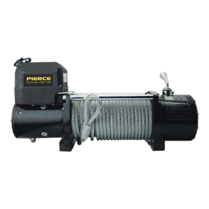 The 12,000 lb Recovery Winch from PIERCE features a metal cable coil, zinc alloy gear box, and a manual handle.