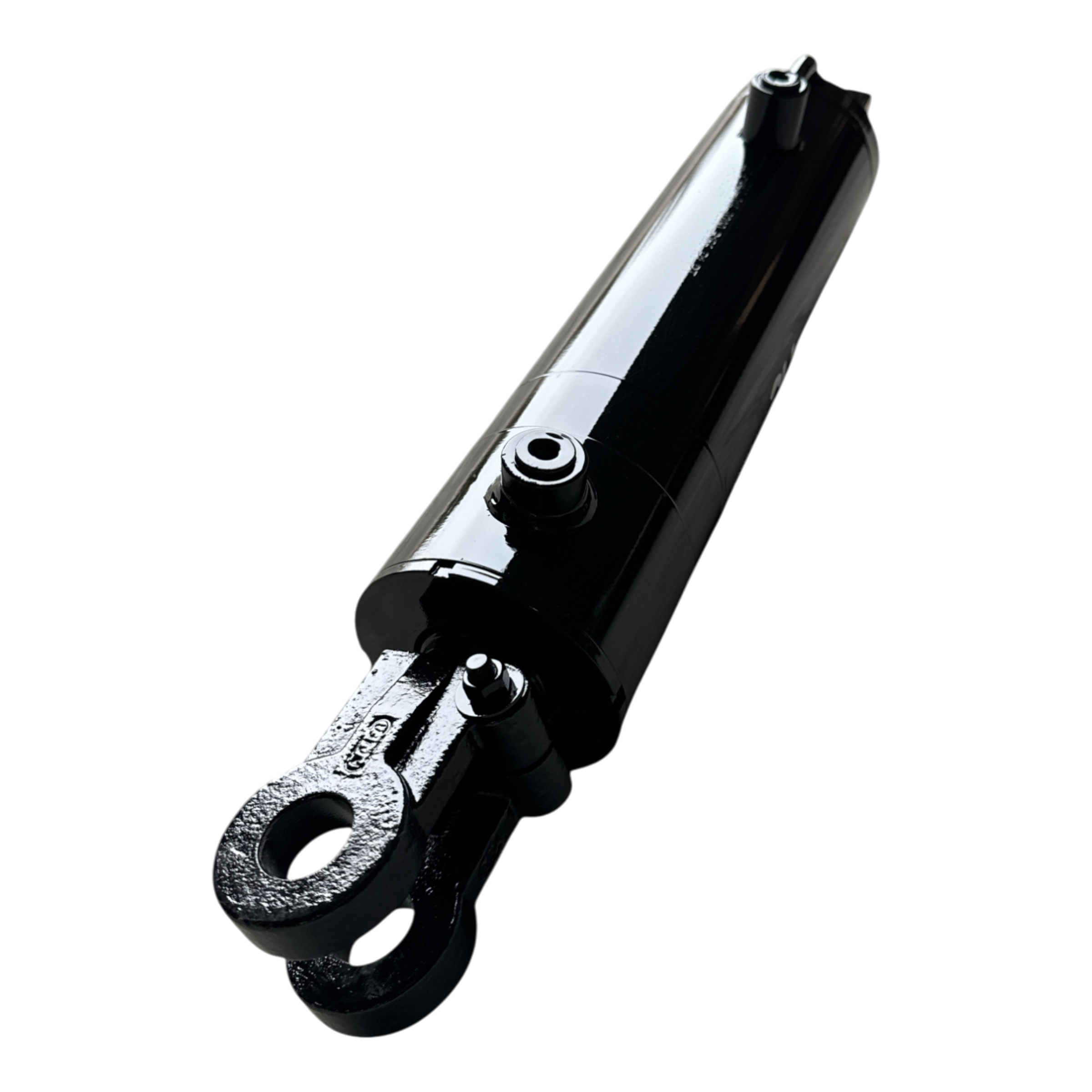 A PIERCE hydraulic cylinder with a 4-inch bore and 14-inch stroke, featuring a black glossy finish, photographed on a black background.