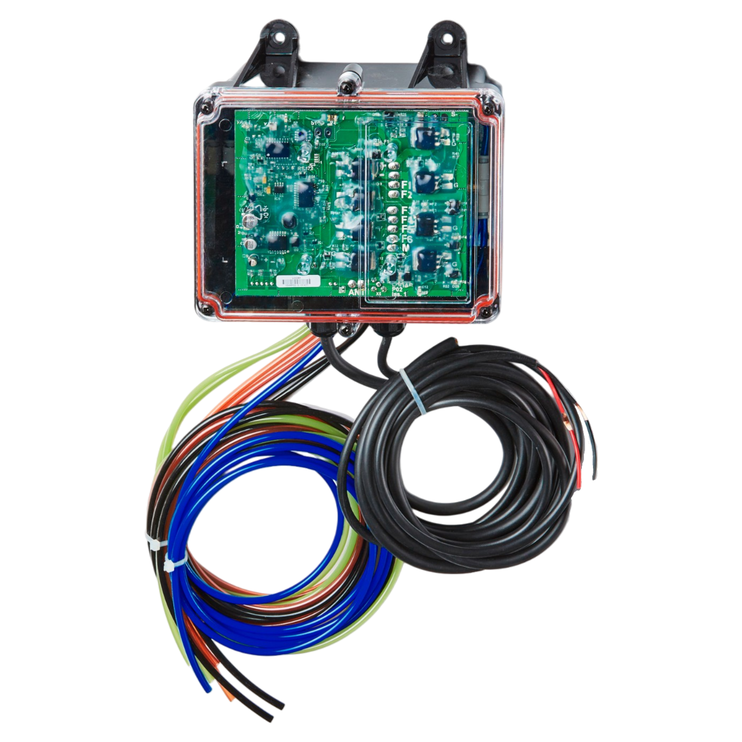 The 6 Function Lodar Replacement FET Air Receiver from Lodar LTD, which includes vibrant wires and a transparent electronic control box, is ideal for integration with Lodar Replacement FET systems or upgrading actuator systems. It is showcased against a clean white background.