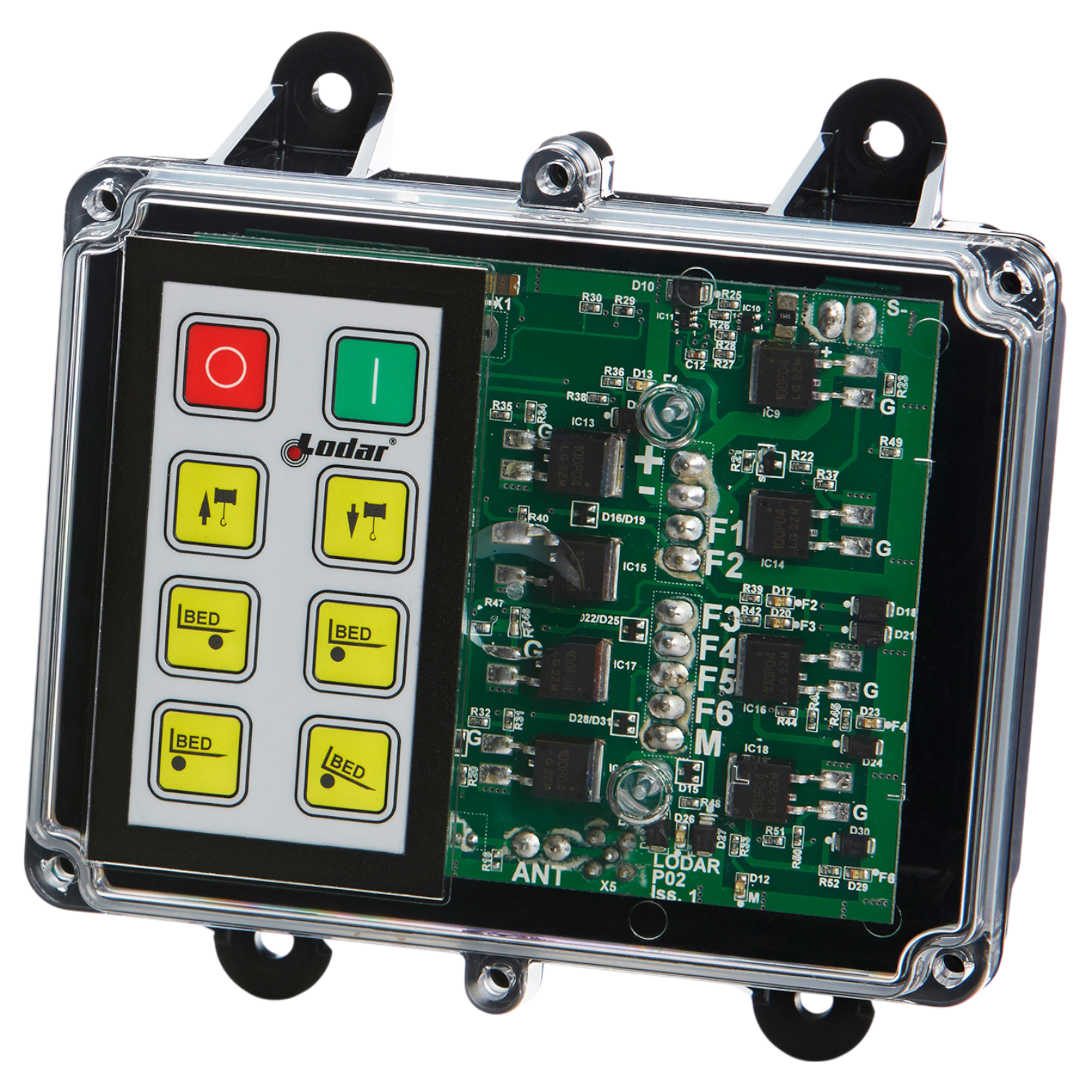 Introducing the 92 Series 6 Function Lodar Replacement FET Keypad Receiver by Lodar LTD, boasting a transparent electronic control box with an advanced circuit board and a clearly labeled 6-function keypad. This receiver is perfectly designed to seamlessly operate all your essential controls as an ideal Lodar replacement.