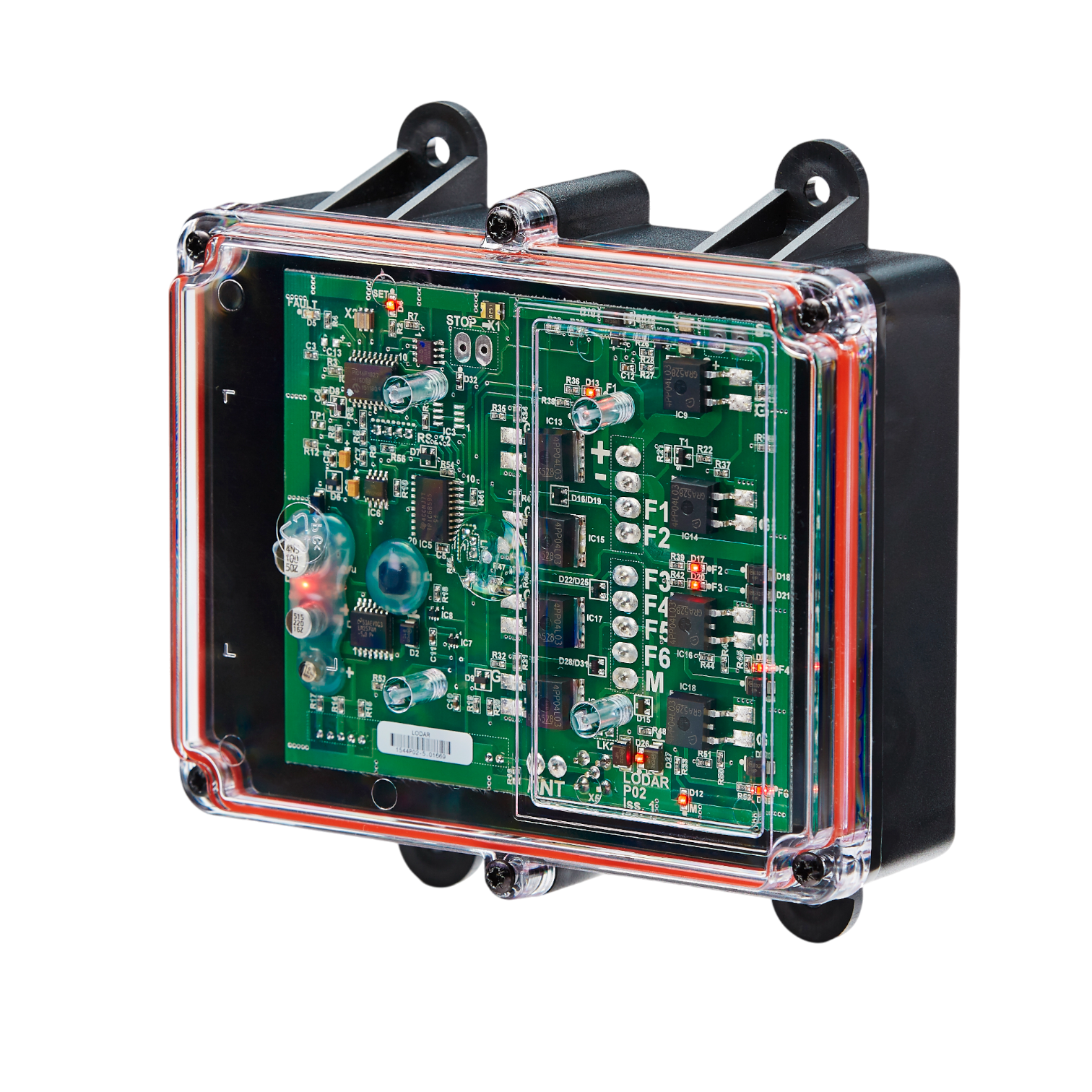 The Lodar LTD 6 Function Lodar Replacement FET Receiver from the 92 Series is housed in a transparent electronic circuit enclosure revealing a green circuit board and components, capable of managing up to 10 amps, all set against a black background.