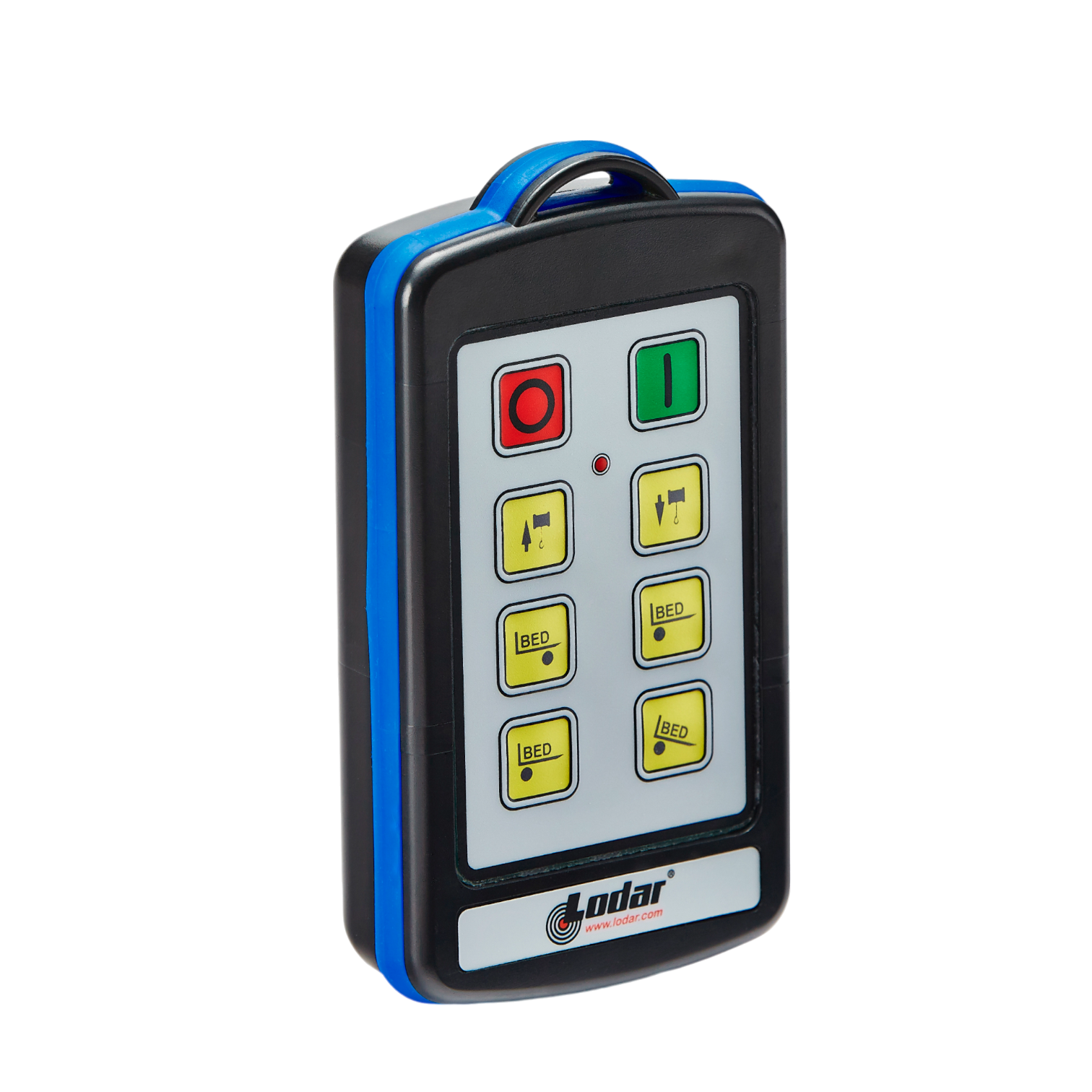 A remote control with multiple buttons, including red and green, prominently displays the Lodar LTD logo at the bottom. This 6 Function Lodar Replacement IP Transmitter from the 9000 Series serves as a dependable backup for essential tasks.