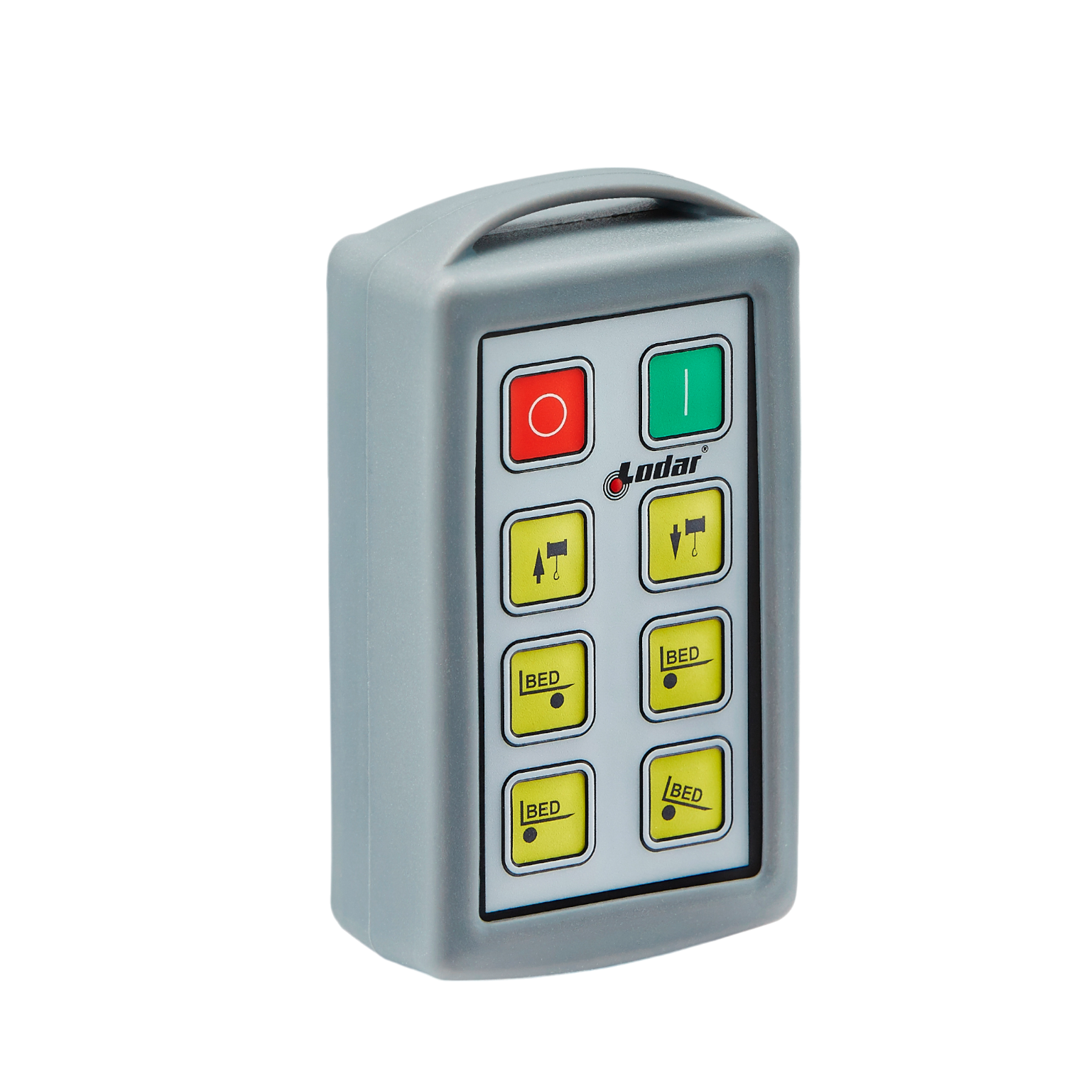 The 6 Function Lodar Replacement Standard Transmitter from Lodar LTD features a gray design with buttons, including red and green power symbols, and BED labels. It integrates seamlessly with the 9000 Series for enhanced control efficiency.