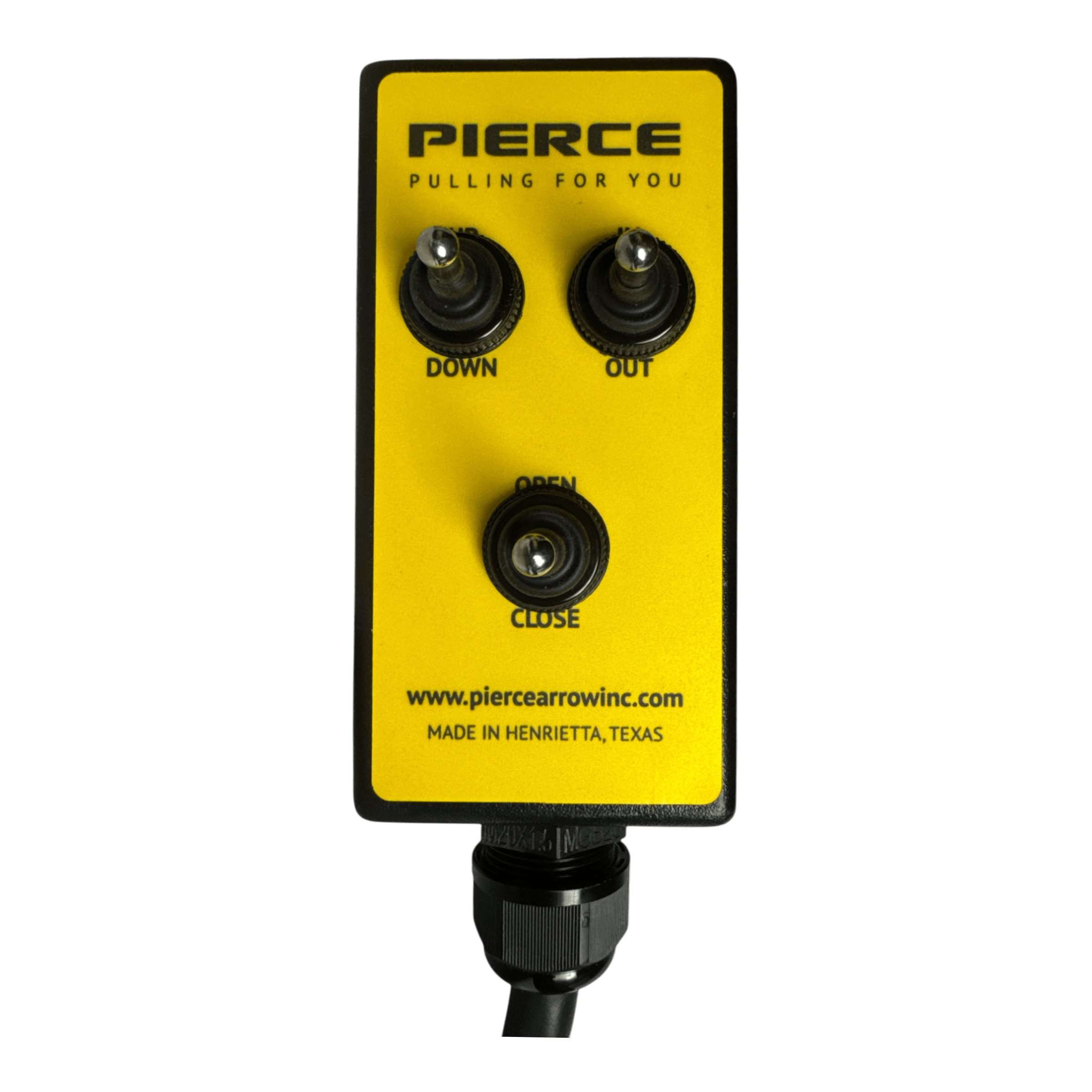 Introducing the 6 Function Wrecker Remote by PIERCE, a yellow remote control perfectly suited for the towing industry. It prominently displays "PIERCE" on top and features three toggle switches labeled Down, Out, Open, and Close. This product ensures seamless integration with hydraulic power units for optimal efficiency.