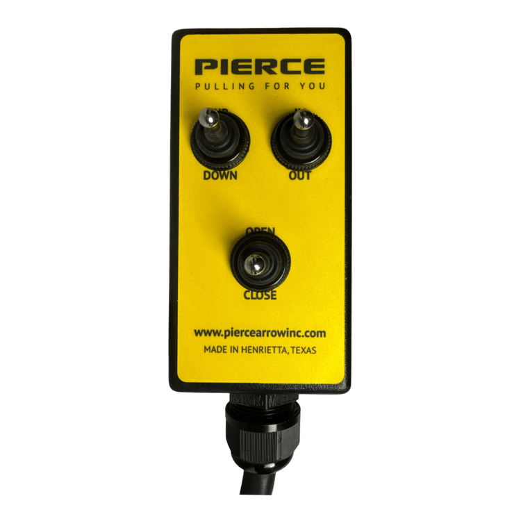 Introducing the 6 Function Wrecker Remote by PIERCE, a yellow remote control perfectly suited for the towing industry. It prominently displays "PIERCE" on top and features three toggle switches labeled Down, Out, Open, and Close. This product ensures seamless integration with hydraulic power units for optimal efficiency.