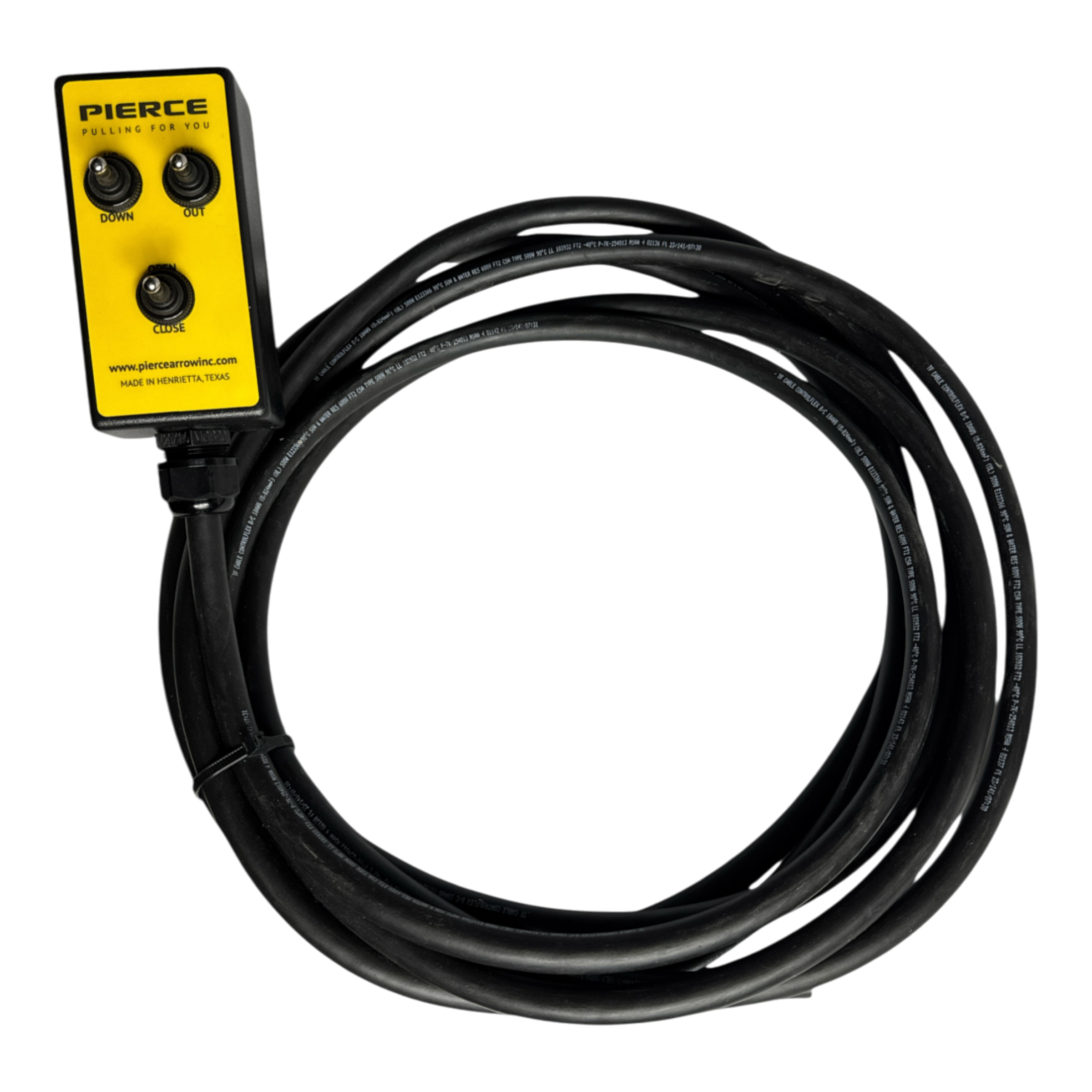 The PIERCE 6 Function Wrecker Remote features a coiled black cable connected to a yellow control box. It includes a toggle switch and three buttons labeled Down, Out, and Close. Perfect for the towing industry, this remote seamlessly integrates with hydraulic power units for efficient operation.