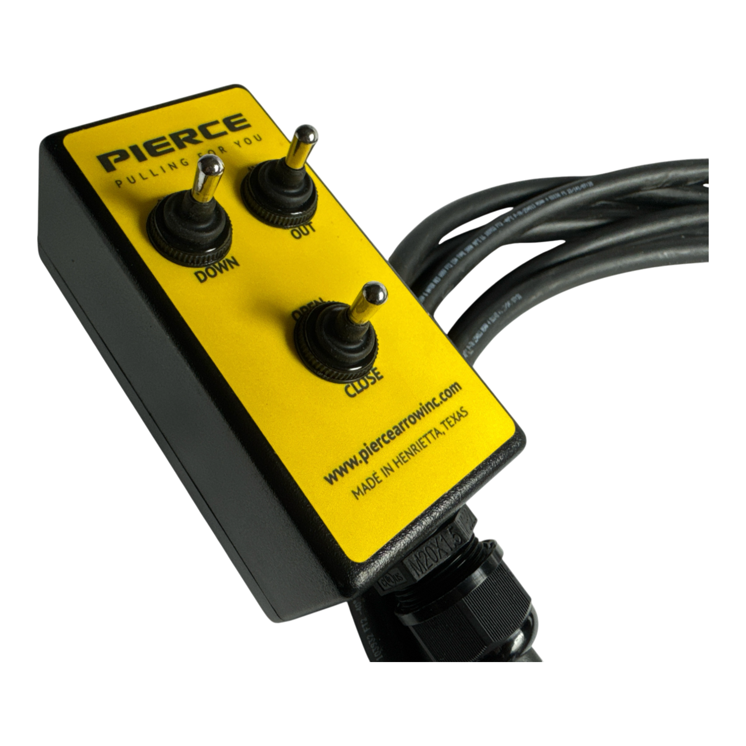 The PIERCE 6 Function Wrecker Remote, featuring a yellow and black control box with three toggle switches labeled DOWN, OUT, and CLOSE, comes with attached cables. It's perfect for use with hydraulic power units in the towing industry.