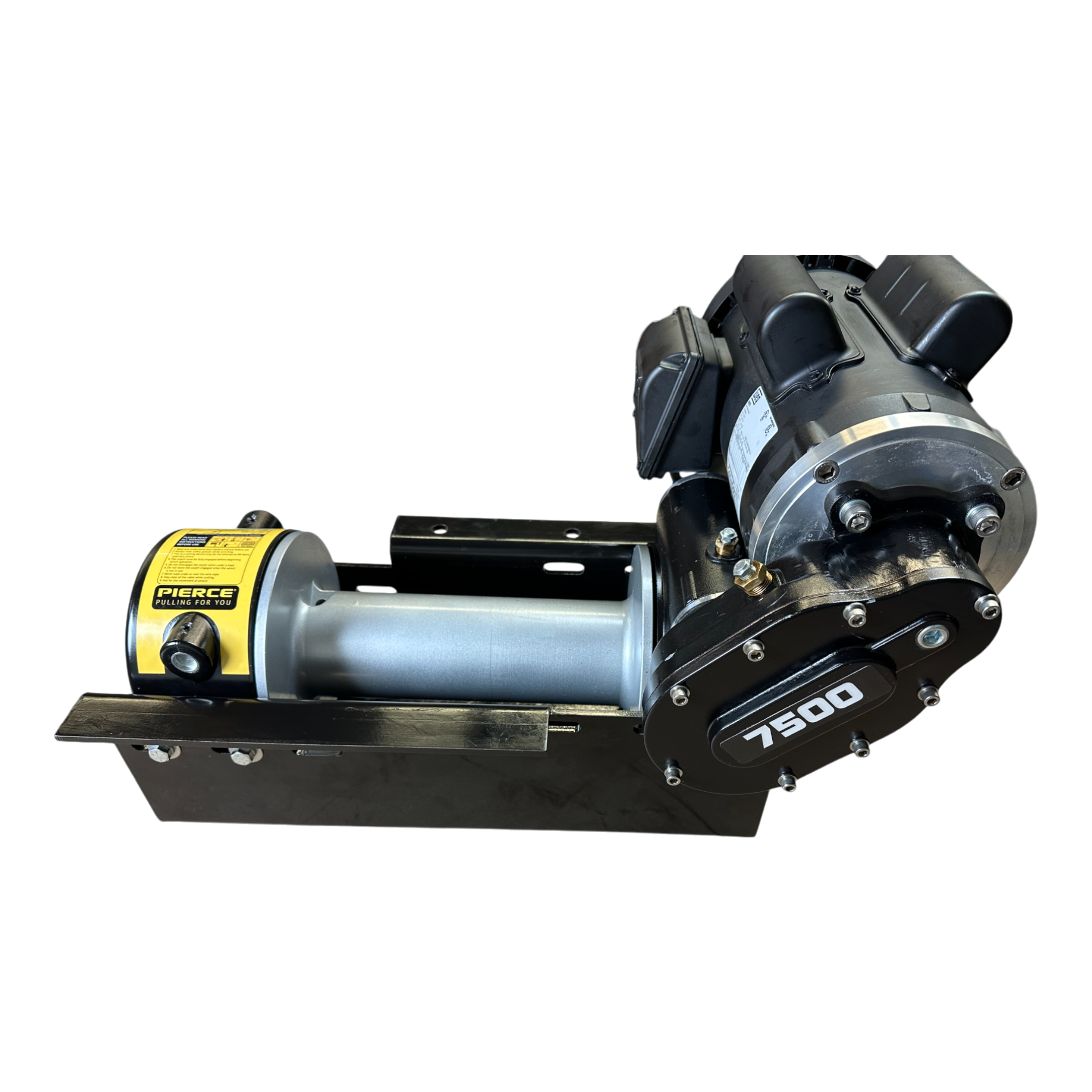 Introducing the PIERCE 7,500 lbs. 11" Drum 110V AC Industrial Winch, equipped with durable metal gears and a powerful worm gear system, all mounted on a sturdy black base.