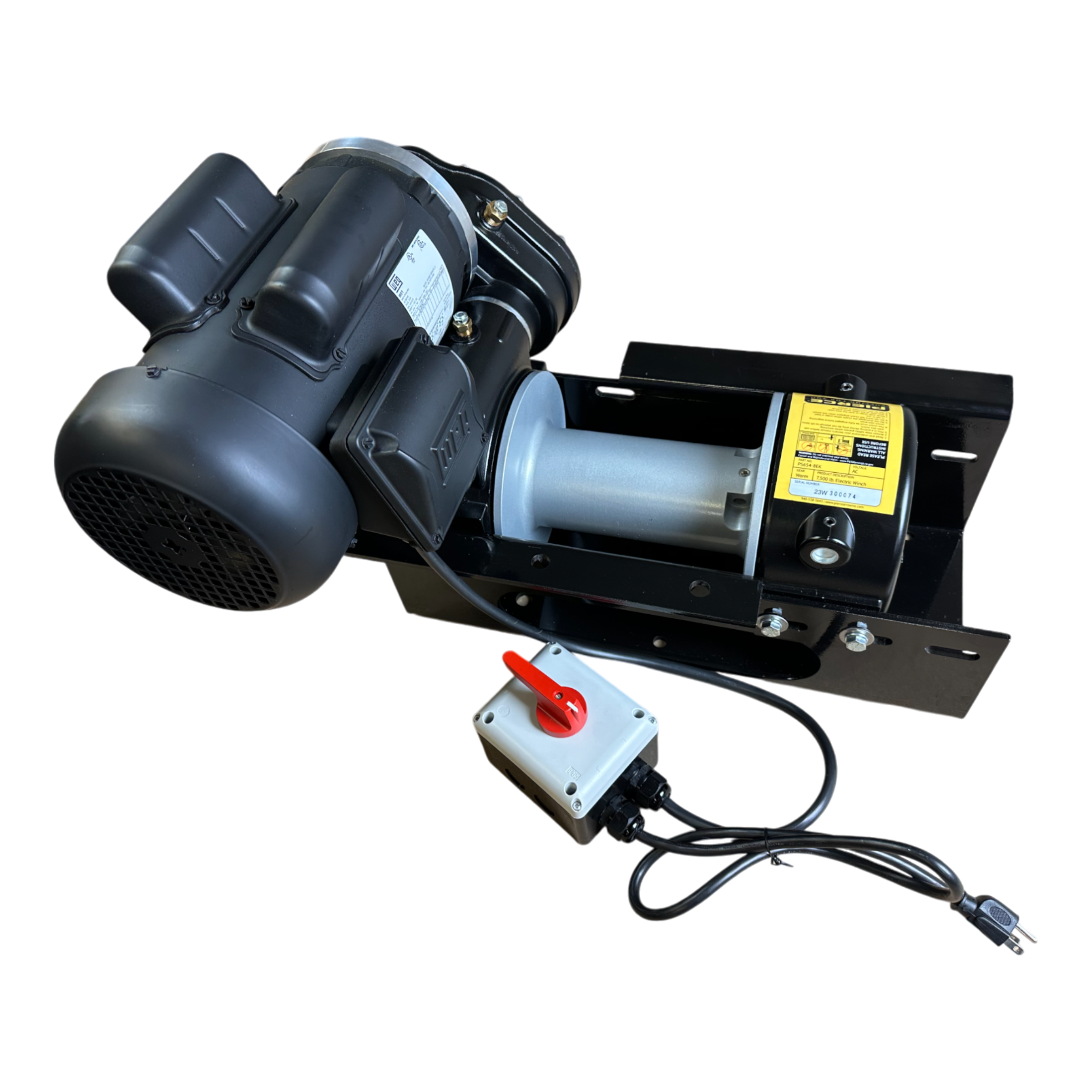 A PIERCE 7,500 lbs. 8" Drum 110V AC Industrial Winch, featuring a control box, power cord, and sturdy mounting base, is displayed against a sleek black background. Perfect for individuals in need of dependable replacement parts for their worm gear winch configuration.