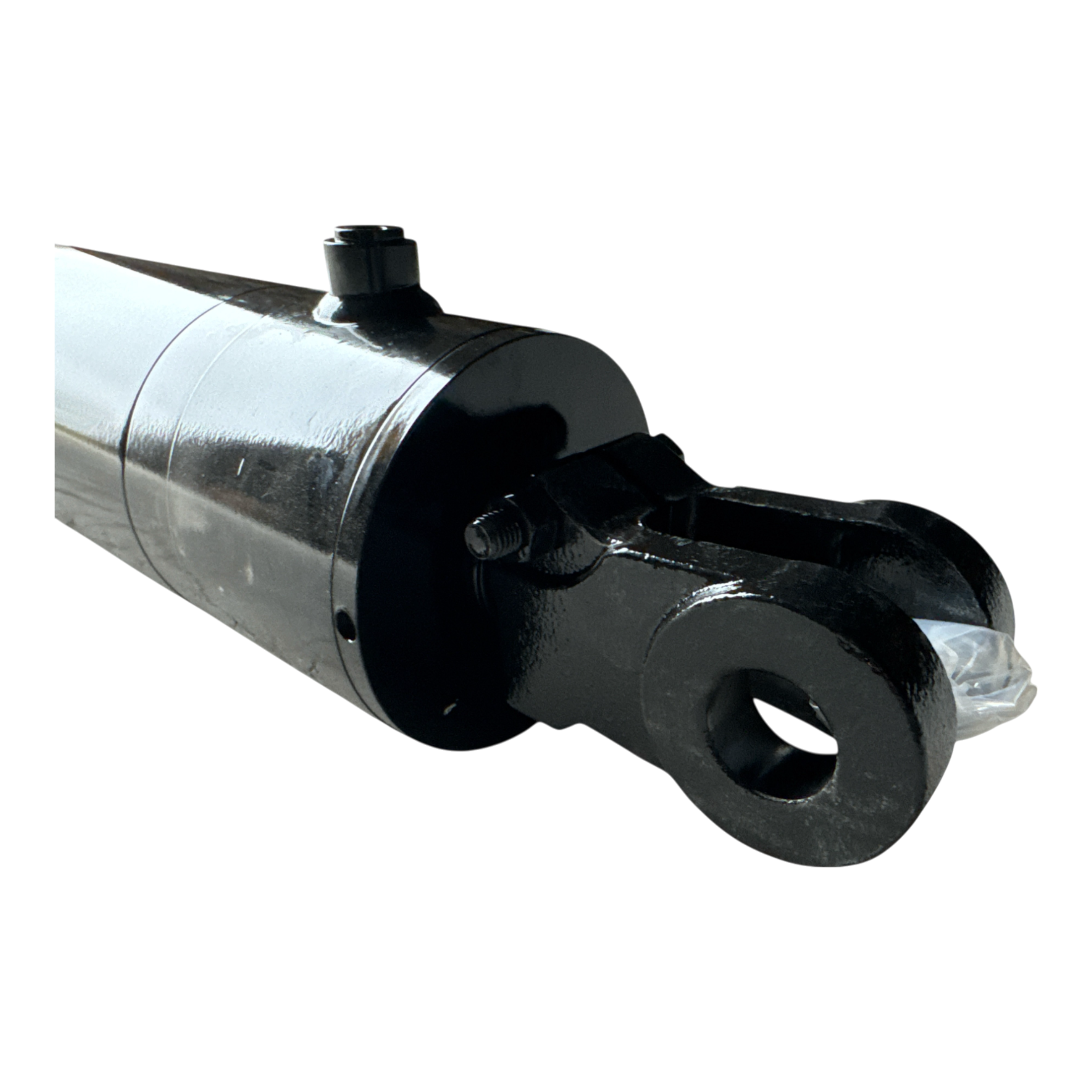 Close-up of a PIERCE Welded Hydraulic Cylinder, featuring a 5-inch bore and 14-inch stroke, with a shiny black metal finish against a dark background.