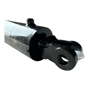 Close-up of a PIERCE Welded Hydraulic Cylinder, featuring a 5-inch bore and 14-inch stroke, with a shiny black metal finish against a dark background.