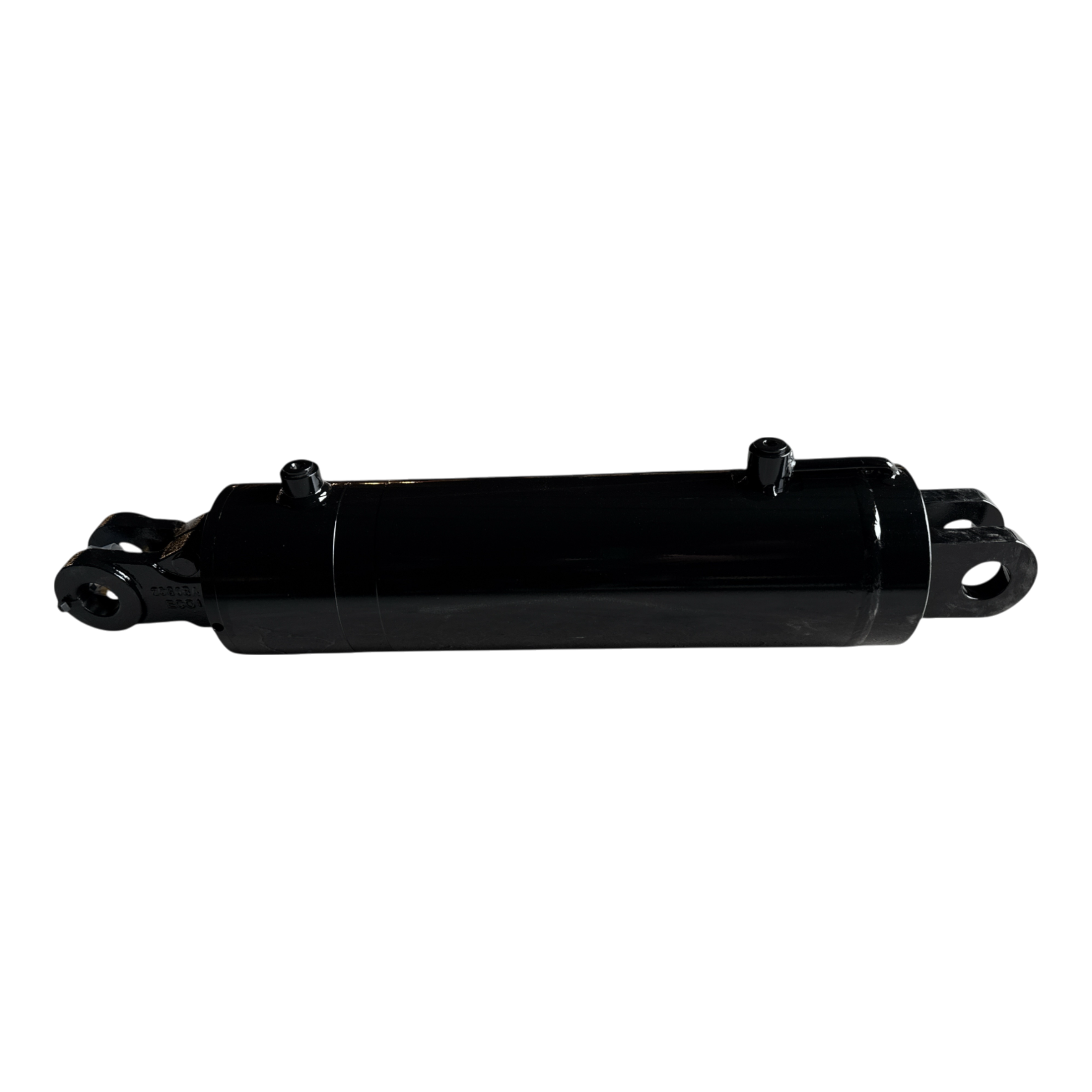 A PIERCE black hydraulic welded cylinder with a 5-inch bore diameter and 14-inch stroke, displayed on a dark background, showcasing two mounting points.