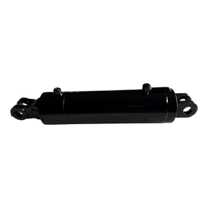 A PIERCE black hydraulic welded cylinder with a 5-inch bore diameter and 14-inch stroke, displayed on a dark background, showcasing two mounting points.