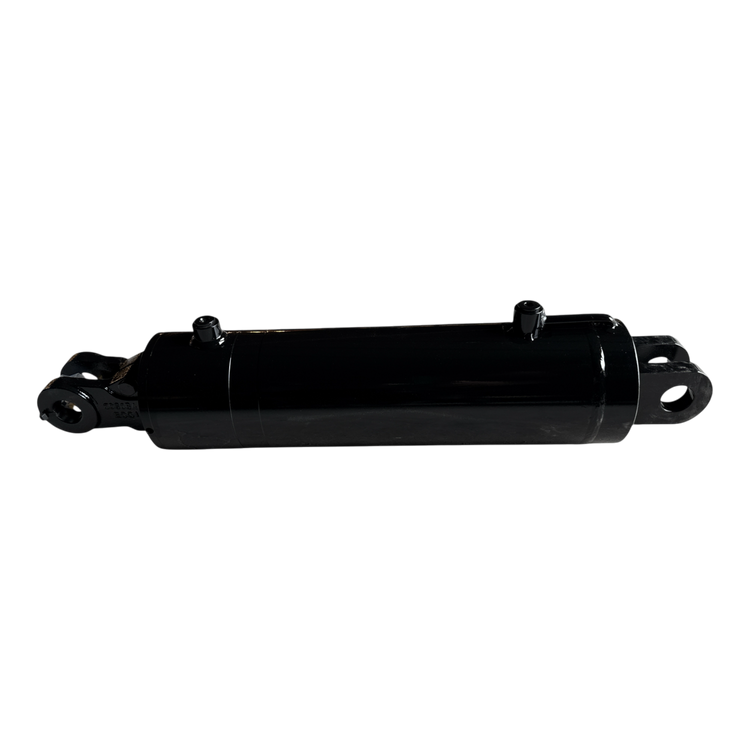 A PIERCE black hydraulic welded cylinder with a 5-inch bore diameter and 14-inch stroke, displayed on a dark background, showcasing two mounting points.