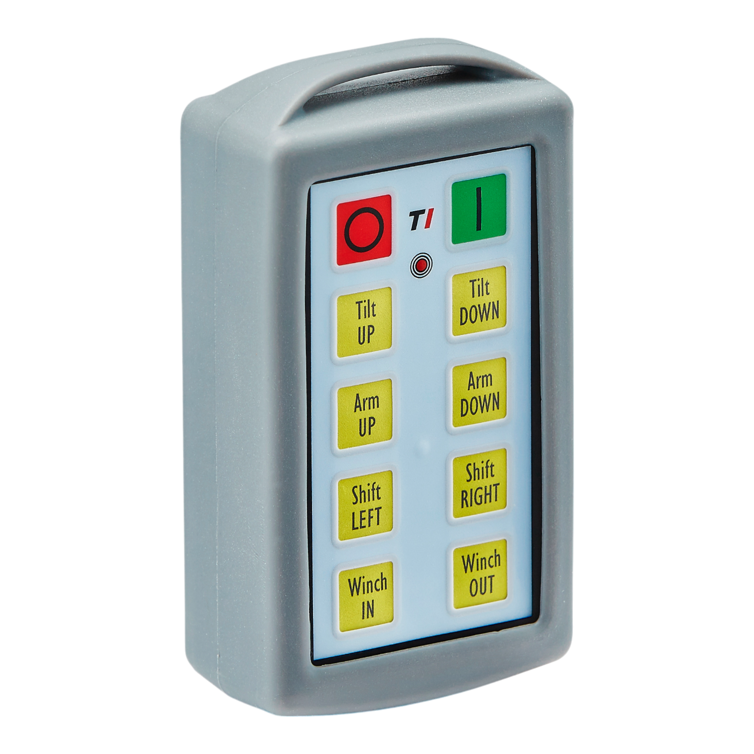 The 8 Function Lodar Replacement Standard Transmitter by Lodar LTD is encased in an elegant grey design and includes clearly labeled buttons for functions such as tilt, arm, shift, and winch. This essential remote is compatible with the 11 Series and serves as an ideal spare transmitter.