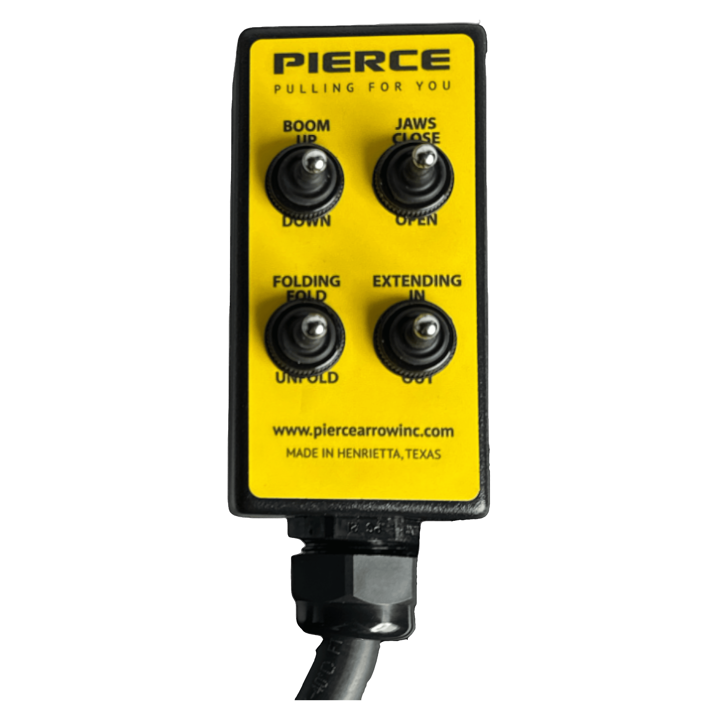 The PIERCE 8 Function Wrecker Remote is a yellow control featuring four toggle switches labeled for boom, jaws, folding, and extending functions—a perfect choice for solenoid systems in the towing industry.