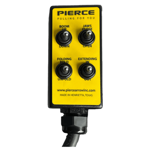 The PIERCE 8 Function Wrecker Remote is a yellow control featuring four toggle switches labeled for boom, jaws, folding, and extending functions—a perfect choice for solenoid systems in the towing industry.