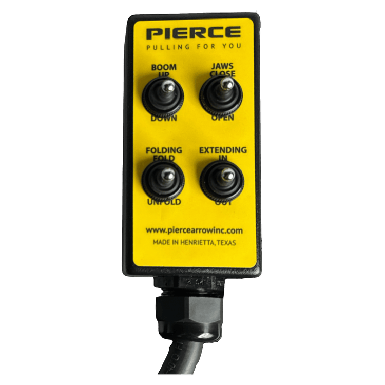 The PIERCE 8 Function Wrecker Remote is a yellow control featuring four toggle switches labeled for boom, jaws, folding, and extending functions—a perfect choice for solenoid systems in the towing industry.