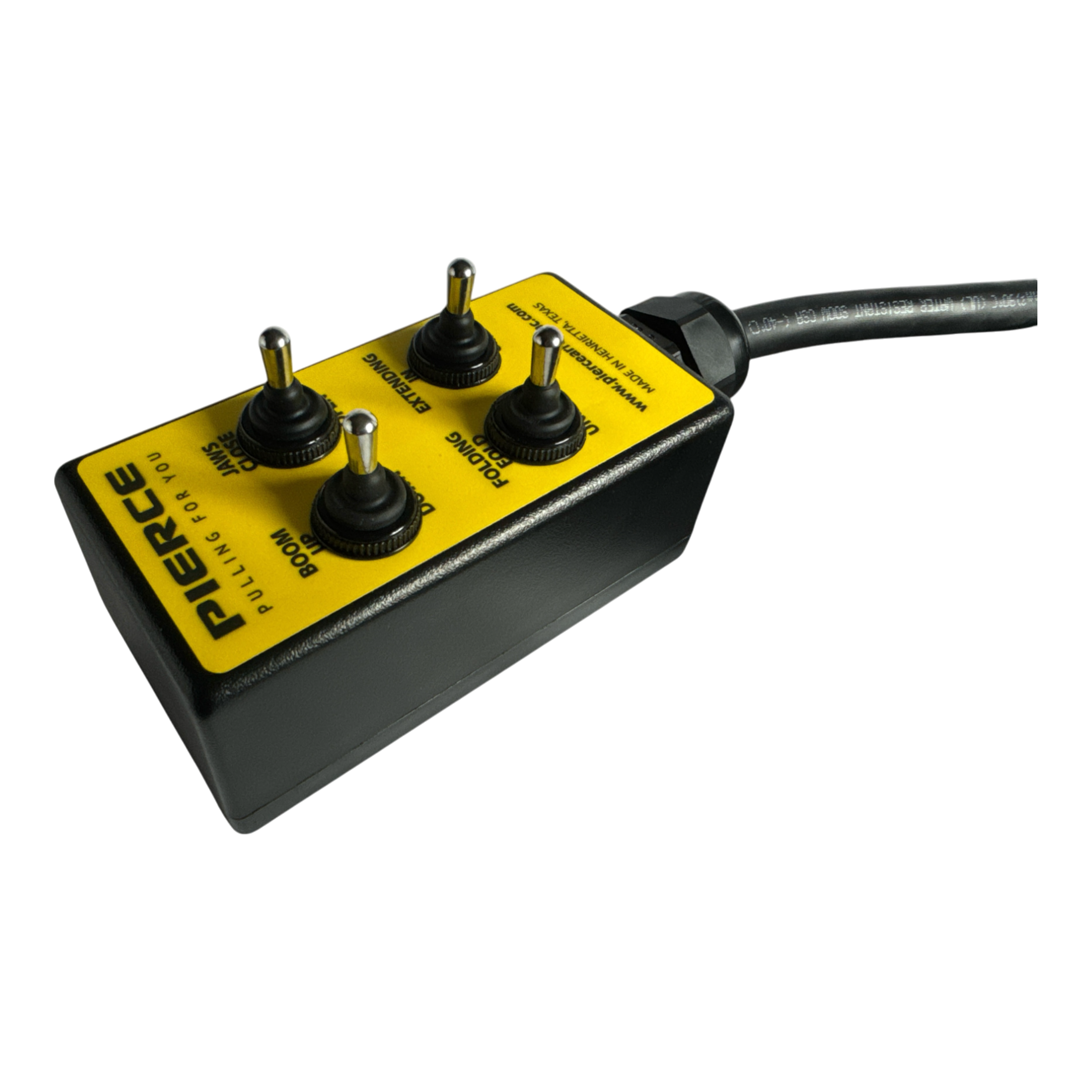 The PIERCE 8 Function Wrecker Remote features four toggle switches, a yellow label on a black background, and is perfect for solenoid systems in the towing industry.