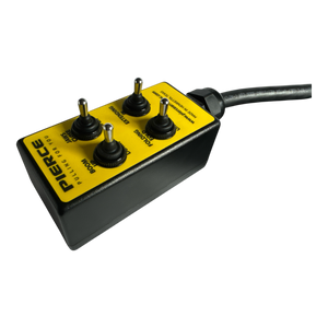 The PIERCE 8 Function Wrecker Remote features four toggle switches, a yellow label on a black background, and is perfect for solenoid systems in the towing industry.