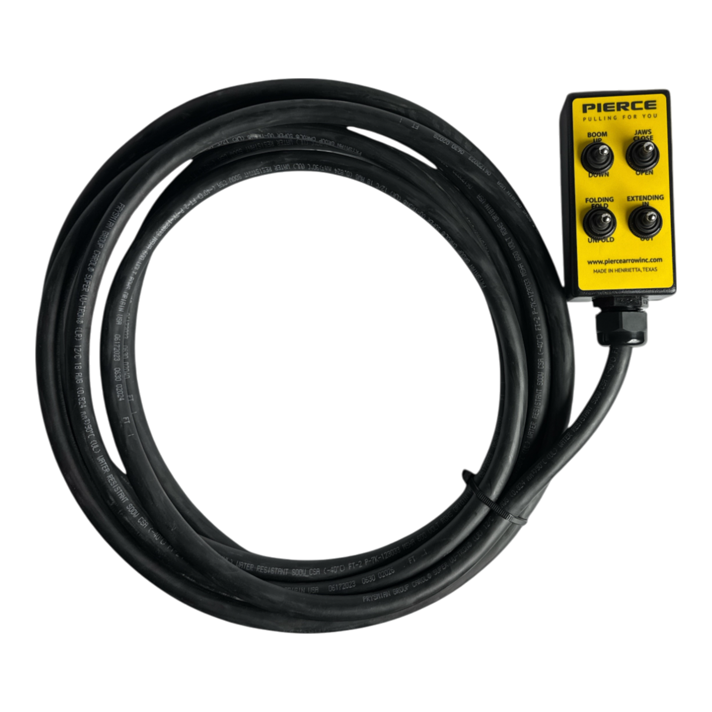 The 8 Function Wrecker Remote from PIERCE, essential for solenoid systems, includes a coiled black cable and yellow rectangular control box. It features a toggle switch wired remote designed for precision tasks in the towing industry.