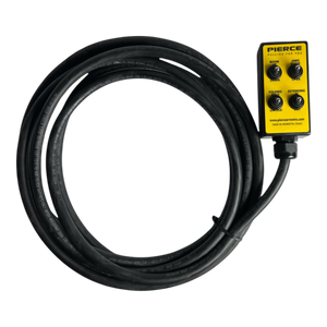 The 8 Function Wrecker Remote from PIERCE, essential for solenoid systems, includes a coiled black cable and yellow rectangular control box. It features a toggle switch wired remote designed for precision tasks in the towing industry.