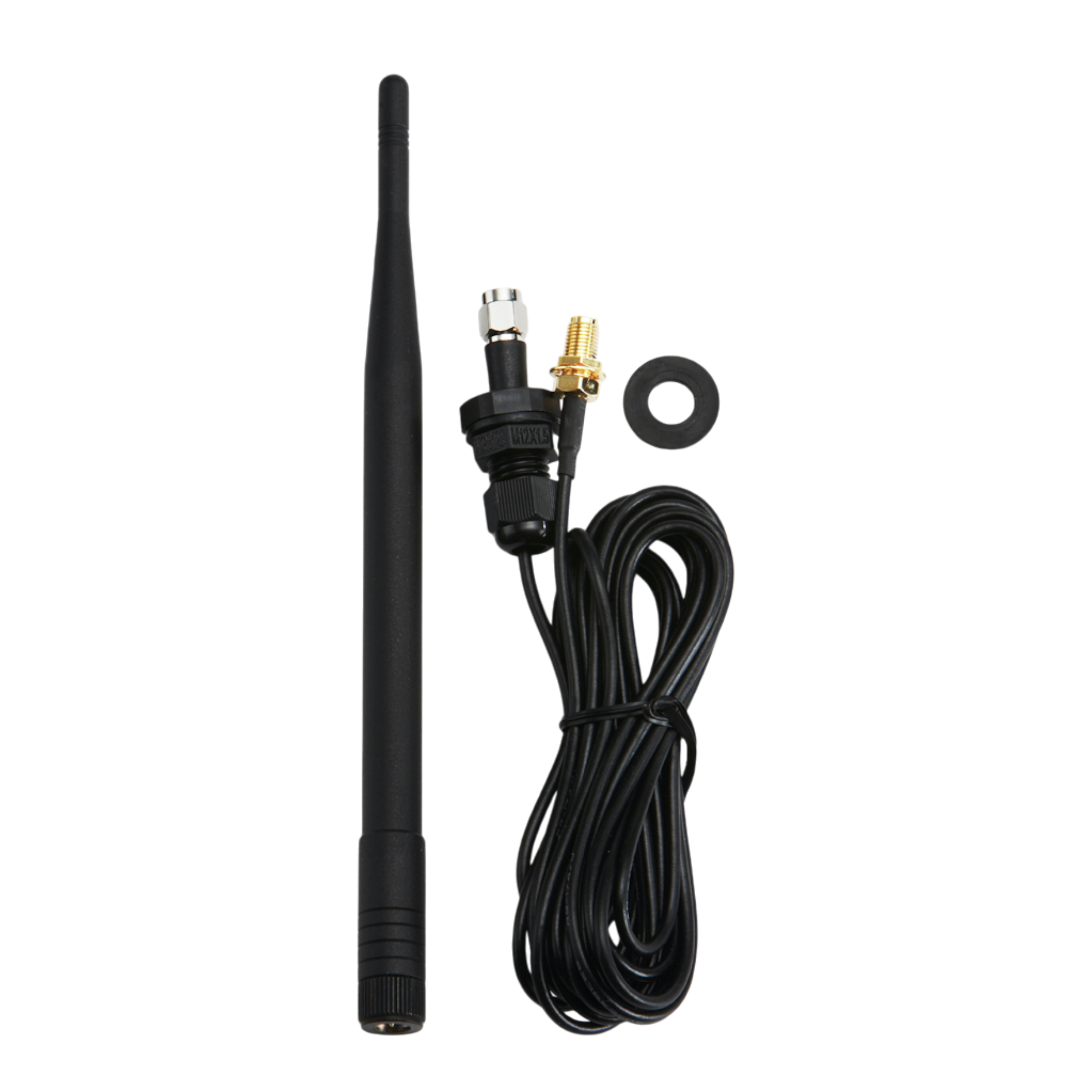 Set against a dark backdrop, the 5 ft Lodar External Aerial Kit by Lodar LTD features a stylish black antenna complete with a cable and connectors, specifically designed to combat signal degradation. Perfect for anyone looking to enhance their connectivity, this external aerial integrates effortlessly with coaxial cable systems.