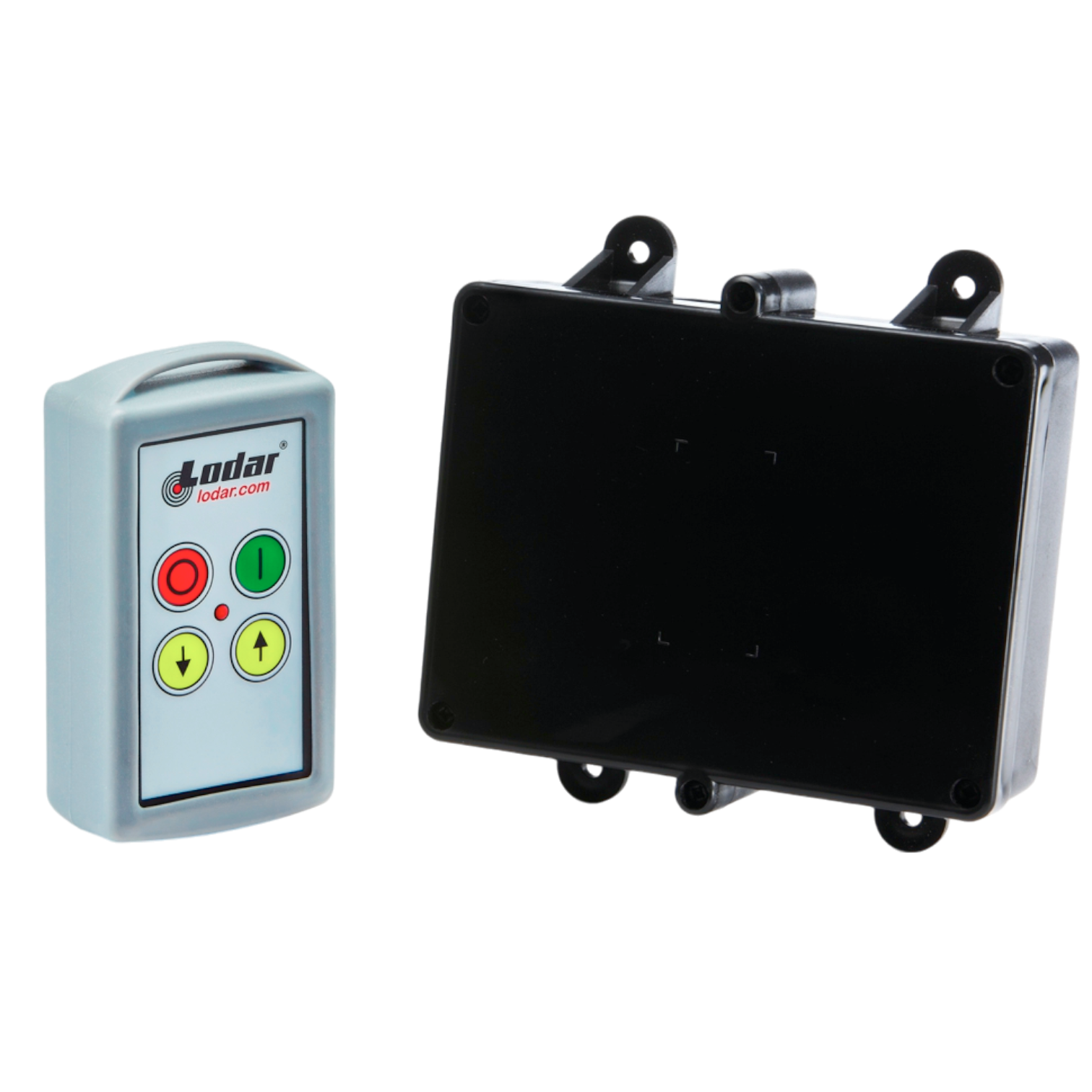 Introducing the Lodar LTD 2 Function Standard Wireless Control System from the 90 Series: This device is equipped with a four-button remote control and includes a versatile black electronic box with convenient mounting holes, making it ideal for seamless integration with solenoid-operated equipment or as a relay receiver for your existing Lodar system.