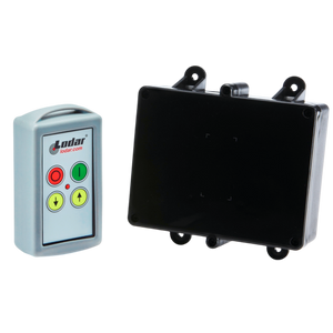 Introducing the Lodar LTD 2 Function Standard Wireless Control System from the 90 Series: This device is equipped with a four-button remote control and includes a versatile black electronic box with convenient mounting holes, making it ideal for seamless integration with solenoid-operated equipment or as a relay receiver for your existing Lodar system.