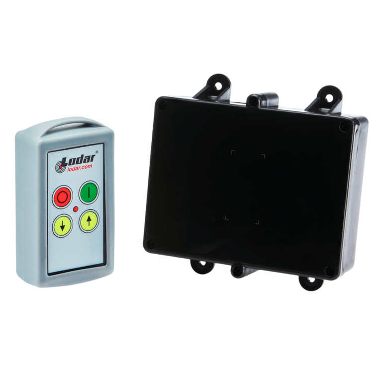 Introducing the Lodar LTD 2 Function Standard Wireless Control System from the 90 Series: This device is equipped with a four-button remote control and includes a versatile black electronic box with convenient mounting holes, making it ideal for seamless integration with solenoid-operated equipment or as a relay receiver for your existing Lodar system.