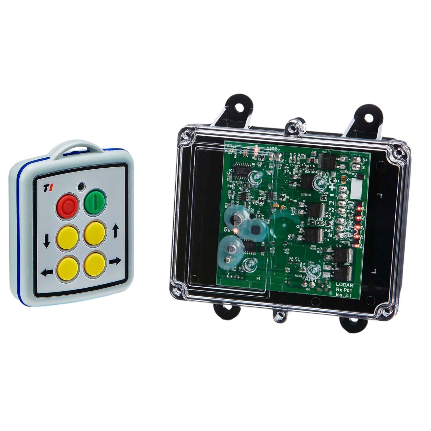 Two electronic devices: a Lodar LTD 4 Function Mini Wireless Control System with a 92 Series FET Receiver and a transparent, IP 67 rated transmitter circuit board enclosure.