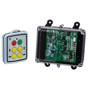 Two electronic devices: a Lodar LTD 4 Function Mini Wireless Control System with a 92 Series FET Receiver and a transparent, IP 67 rated transmitter circuit board enclosure.