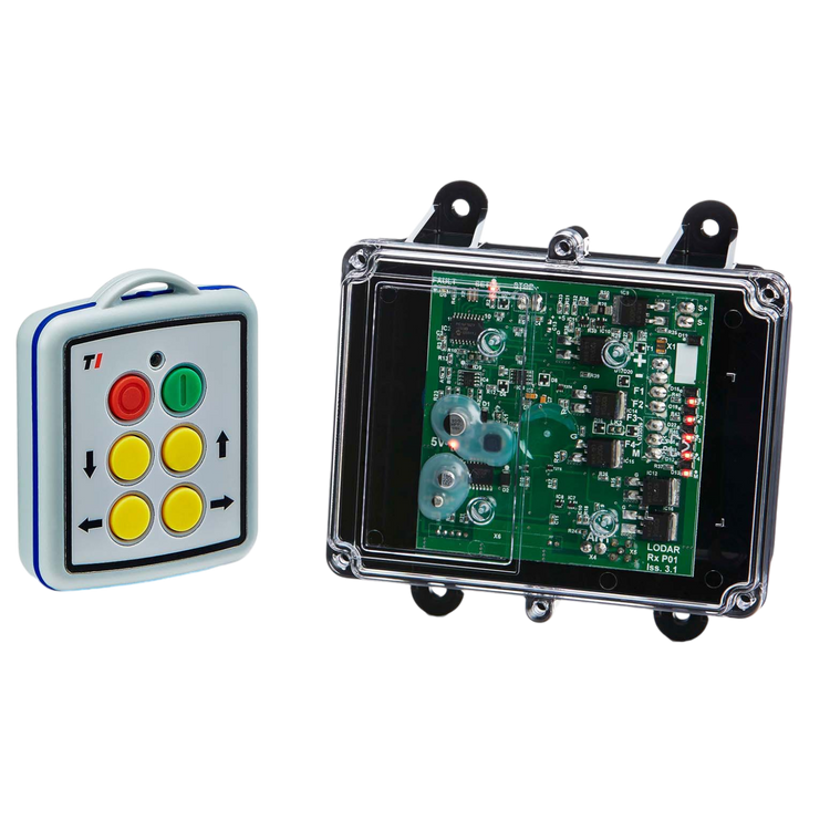 Two electronic devices: a Lodar LTD 4 Function Mini Wireless Control System with a 92 Series FET Receiver and a transparent, IP 67 rated transmitter circuit board enclosure.