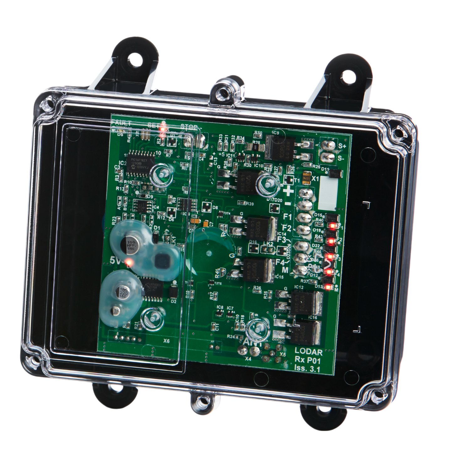 The 4 Function Lodar Replacement FET Receiver from the 92 Series by Lodar LTD features a transparent casing that reveals a green circuit board with numerous electronic components and red lights, highlighting its advanced receiver technology. Ideal for modern replacement systems, it seamlessly blends performance with sleek design.