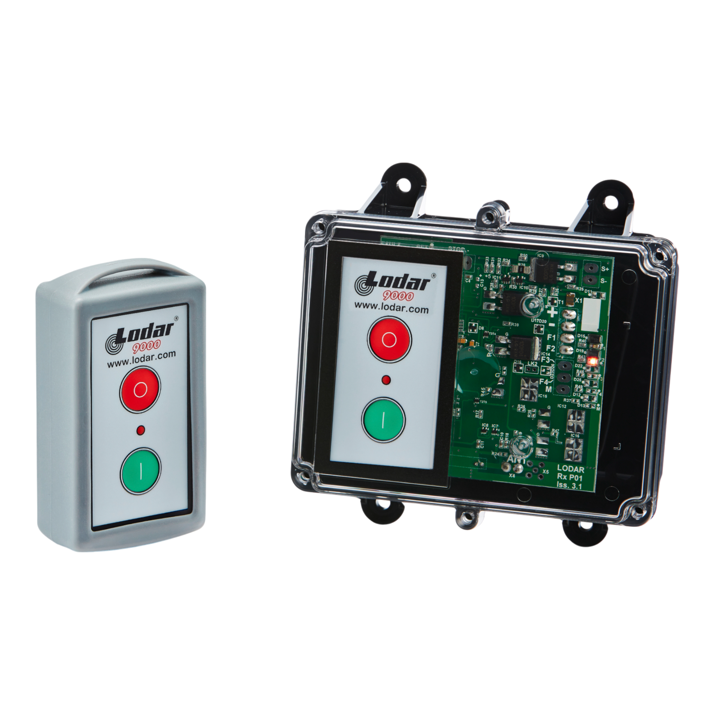 The 1 Function Standard Wireless Control System | 92 Series | FET Keypad Receiver by Lodar LTD is a remote control with a waterproof receiving unit, featuring green and red buttons, perfect for industrial environments.