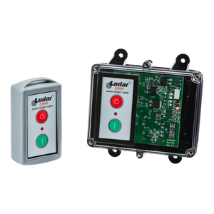 The 1 Function Standard Wireless Control System | 92 Series | FET Keypad Receiver by Lodar LTD is a remote control with a waterproof receiving unit, featuring green and red buttons, perfect for industrial environments.