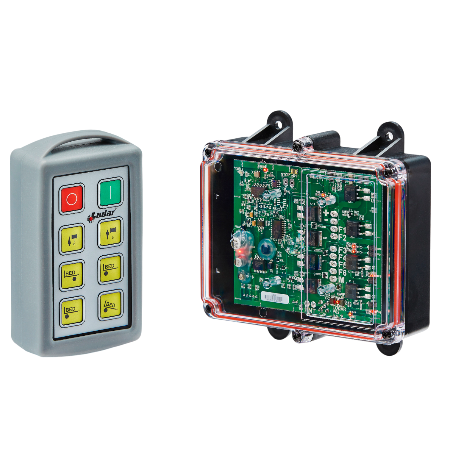 The 6 Function Standard Wireless Control System by Lodar LTD (92 Series) features two electronic control devices: a handheld remote with buttons, ideal for remote operation, and a clear-cased circuit board.