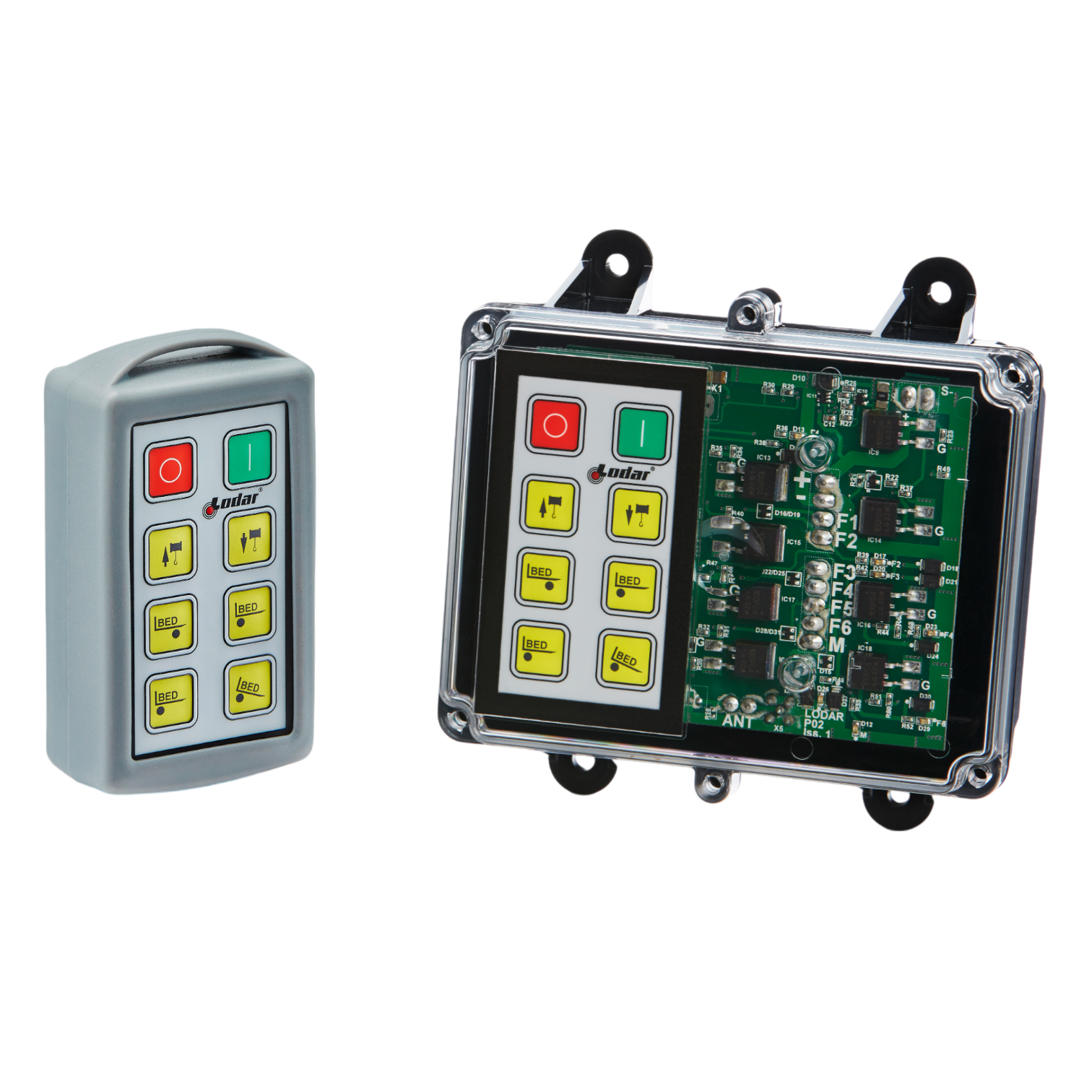 The 6 Function Standard Wireless Control System from Lodar LTD, part of the 92 Series with a FET Keypad Receiver, features a transparent case that reveals its intricate circuit board and various buttons. This design enhances remote operation by showcasing the detailed electronic components, making it ideal for wireless control setups.