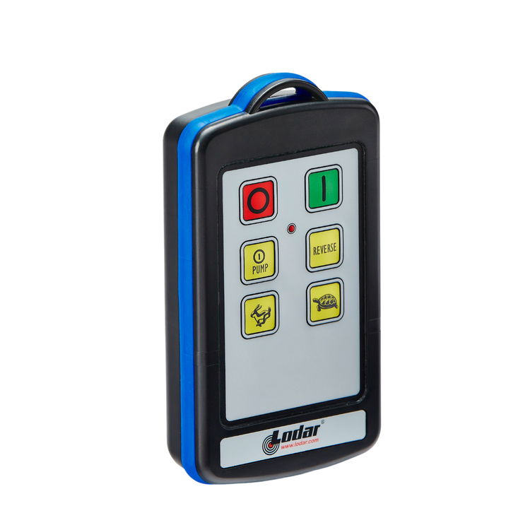 The 4 Function Lodar Replacement IP Transmitter from the 9000 Series, by Lodar LTD, is a remote control with six buttons that include pump, reverse, and power symbols. It is compatible with 92 series systems and prominently features the Lodar logo at the bottom.