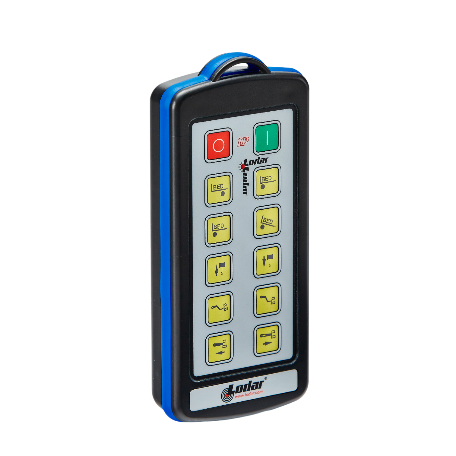 The 10 Function Lodar Replacement IP Transmitter from the 9000 Series by Lodar LTD features a sleek gray front panel with yellow buttons and red/green indicators, making it ideal for efficiently handling important tasks.