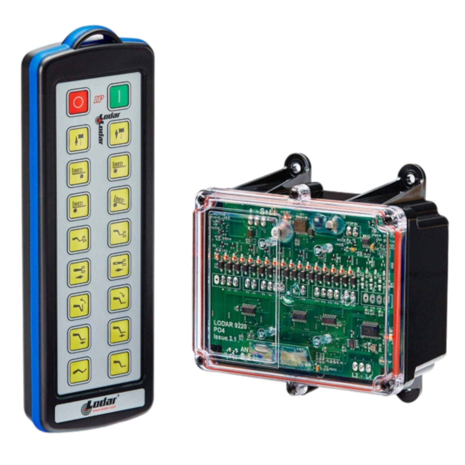 The 16 Function IP Wireless Control System, part of the 92 Series from Lodar LTD, includes a transmitter with 16 functionalities. This device has buttons positioned alongside a circuit board in a transparent casing, making it ideal for controlling solenoid operated equipment within an industrial wireless control system.