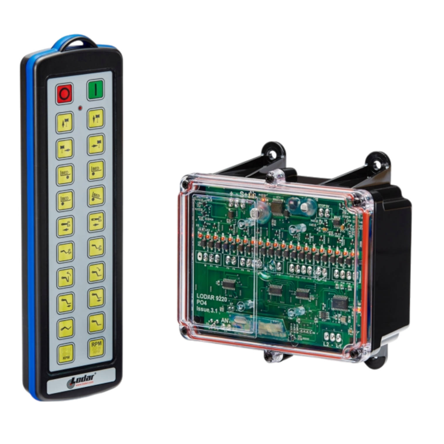 A remote control from Lodar LTD, featuring a transparent electronic circuit board with visible components, offers 20 functions and is ideal for integration within the 92 Series of industrial wireless control systems.