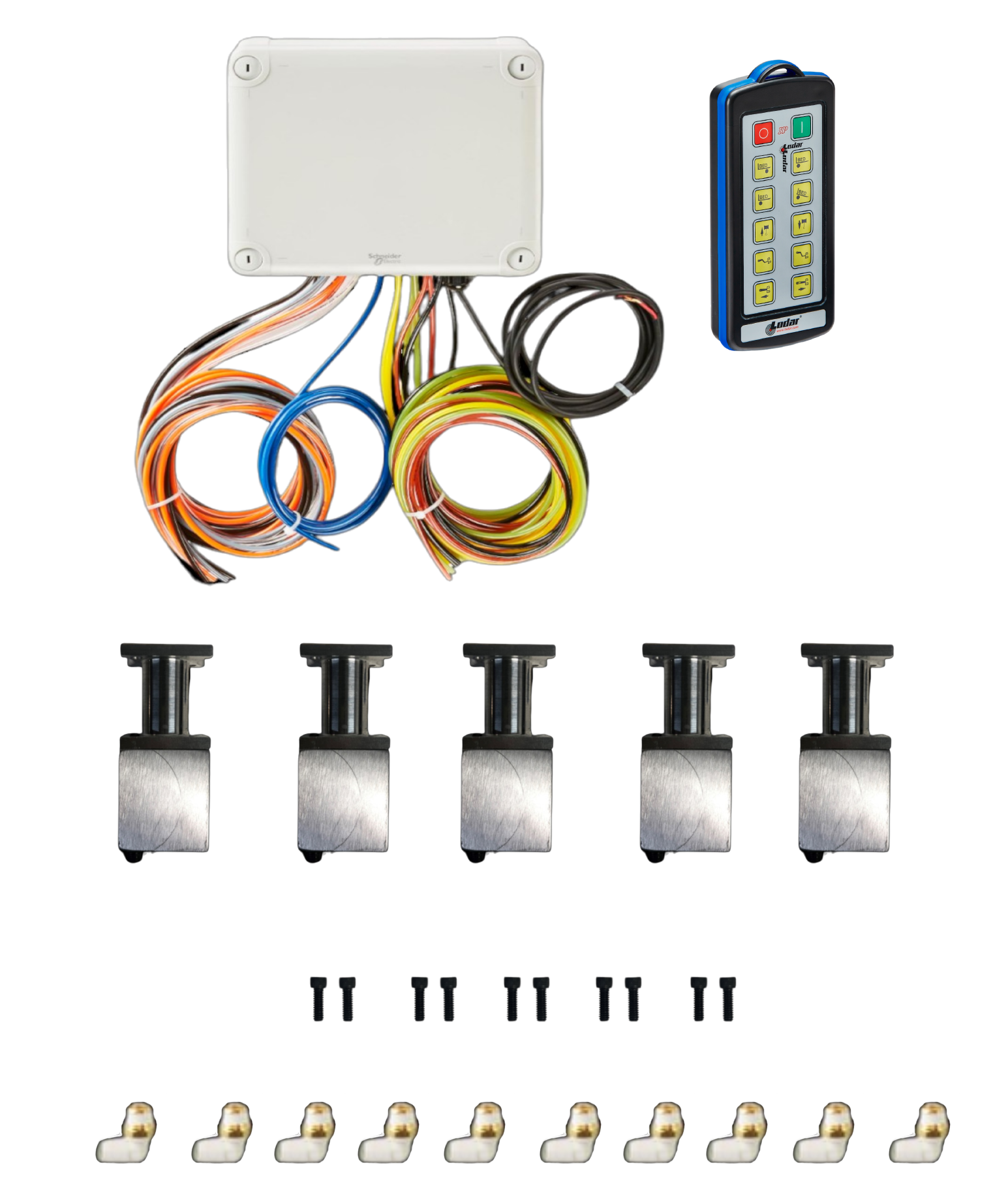 PIERCE's 10 Function Wireless Air System with Bolt-on Actuator | Husco, displayed on a white background, includes a control box, handheld remote, Bolt-on Actuator, screws, and connectors.