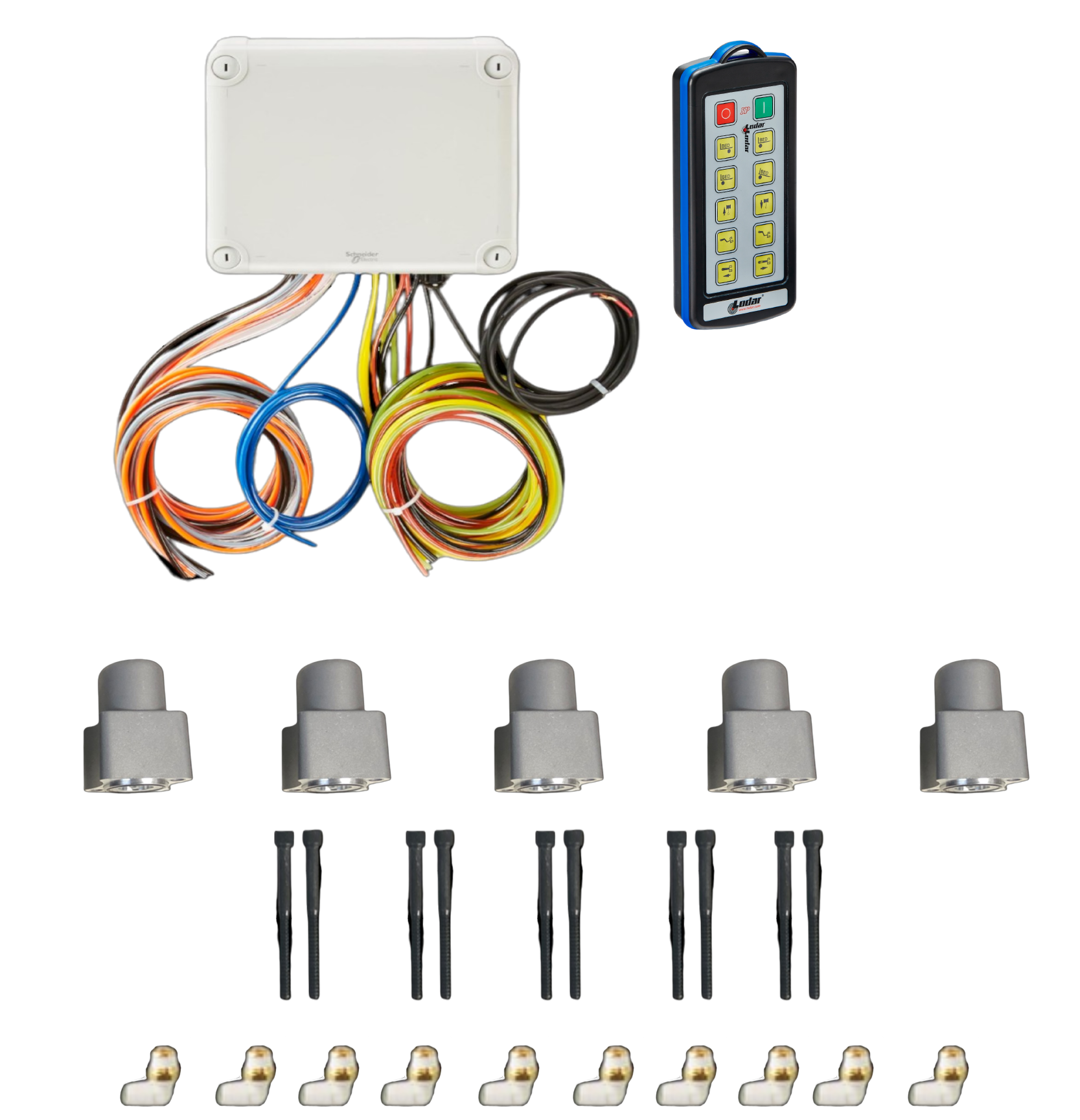 Electronic components like PIERCE's 10 Function Wireless Air System with Bolt on Actuator and Gresen valves and connectors are arrayed in a grid on a white background. This assembly resembles a control panel designed for precision tasks such as Wrecker Operations or integrating with wireless systems.