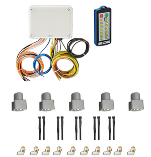 Electronic components like PIERCE's 10 Function Wireless Air System with Bolt on Actuator and Gresen valves and connectors are arrayed in a grid on a white background. This assembly resembles a control panel designed for precision tasks such as Wrecker Operations or integrating with wireless systems.