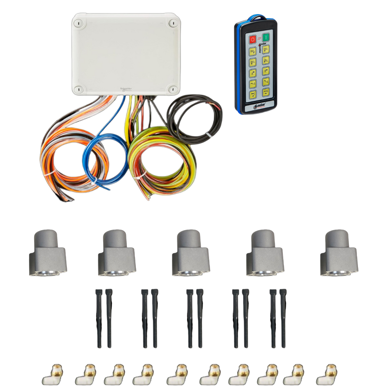 Electronic components like PIERCE's 10 Function Wireless Air System with Bolt on Actuator and Gresen valves and connectors are arrayed in a grid on a white background. This assembly resembles a control panel designed for precision tasks such as Wrecker Operations or integrating with wireless systems.